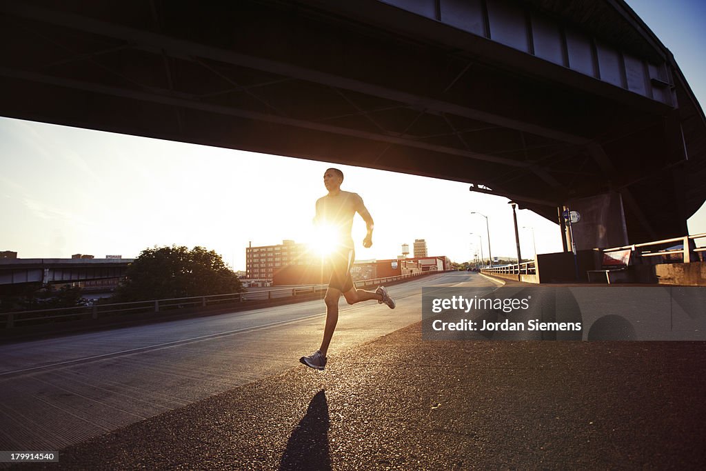 A man running in the city.