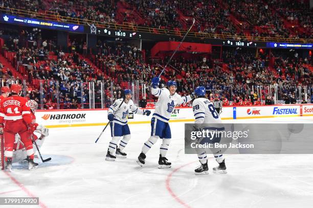 Tyler Bertuzzi of the Toronto Maple Leafs reacts after scoring against Alex Lyon of the Detroit Red Wings during the third period of the 2023 NHL...