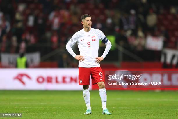 Robert Lewandowski of Poland looks dejected after the UEFA EURO 2024 European qualifier match between Poland and Czechia at PGE Narodowy on November...