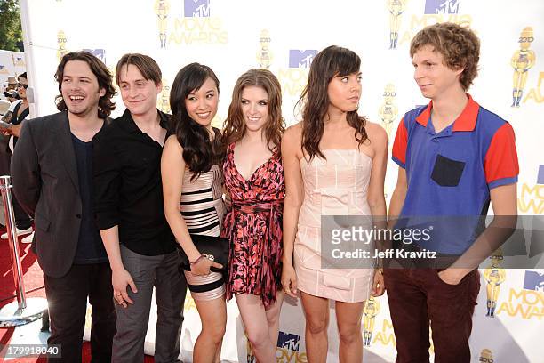 Edgar Wright, Kieran Culkin, Ellen Wong, Anna Kendrdick, Aubrey Plaza and Michael Cera arrive at the 2010 MTV Movie Awards at Gibson Amphitheatre on...
