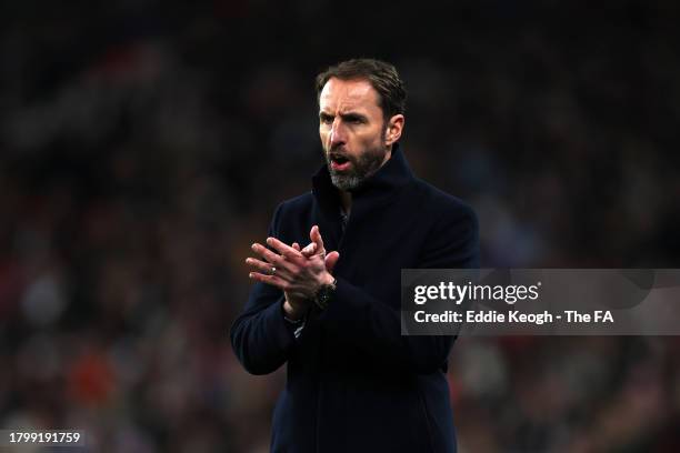 Gareth Southgate, Head Coach of England, reacts during the UEFA EURO 2024 European qualifier match between England and Malta at Wembley Stadium on...