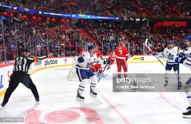 John Tavares of the Toronto Maple Leafs reacts after scoring a goal during the third period of the 2023 NHL Global Series in Sweden between the...