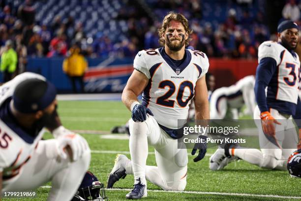 Michael Burton of the Denver Broncos warms up prior to an NFL football game against the Buffalo Bills at Highmark Stadium on November 13, 2023 in...