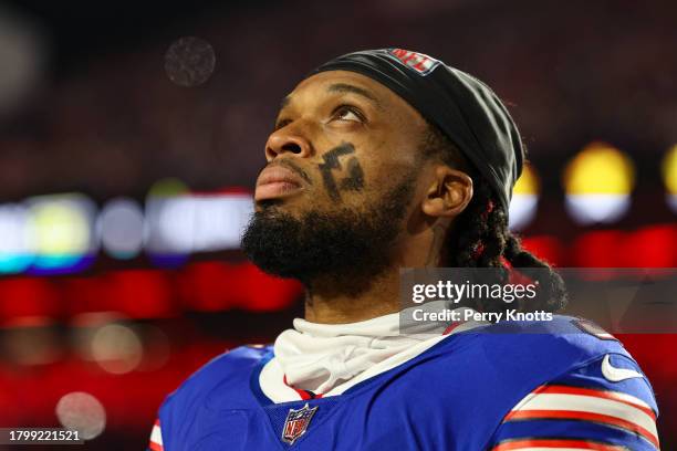 Damar Hamlin of the Buffalo Bills looks on from the sideline during the national anthem prior to an NFL football game against the Denver Broncos at...