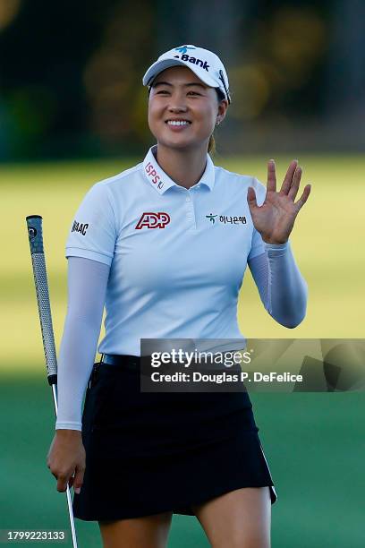 Minjee Lee of Australia waves on the 18th green during the second round of the CME Group Tour Championship at Tiburon Golf Club on November 17, 2023...