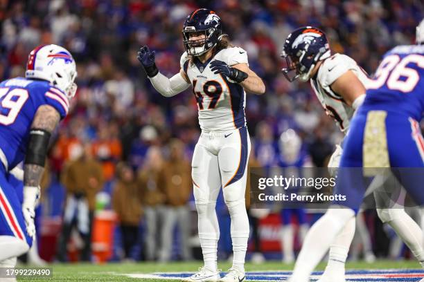 Alex Singleton of the Denver Broncos lines up during an NFL football game against the Buffalo Bills at Highmark Stadium on November 13, 2023 in...