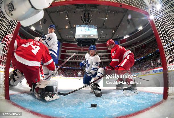 Tyler Bertuzzi of the Toronto Maple Leafs plays the puck toward the net for an eventual goal during the third period of the 2023 NHL Global Series in...