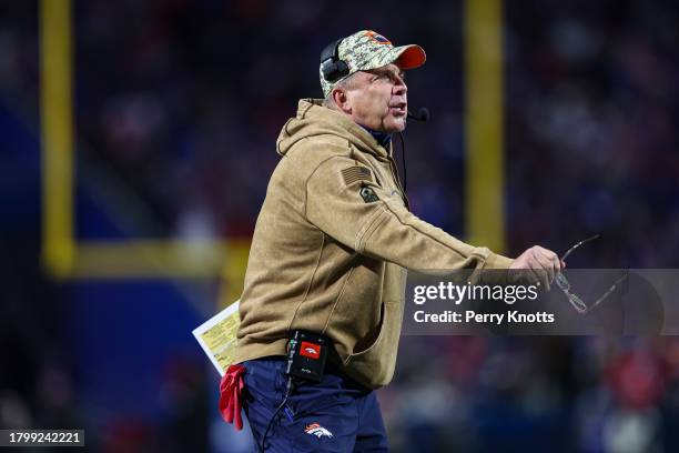 Sean Payton head coach of the Denver Broncos reacts from the sideline during an NFL football game against the Buffalo Bills at Highmark Stadium on...