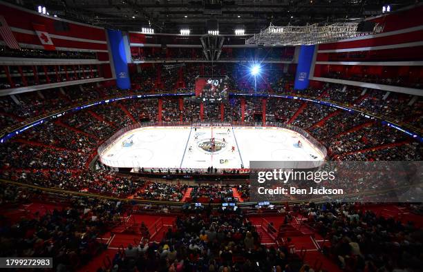 General view is seen of the opening face-off at center ice to start the 2023 NHL Global Series in Sweden between the Toronto Maple Leafs and the...