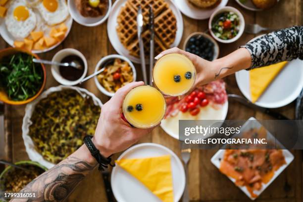 hands of young mixed race couple with mimosa cocktails cheering - brunch stock pictures, royalty-free photos & images