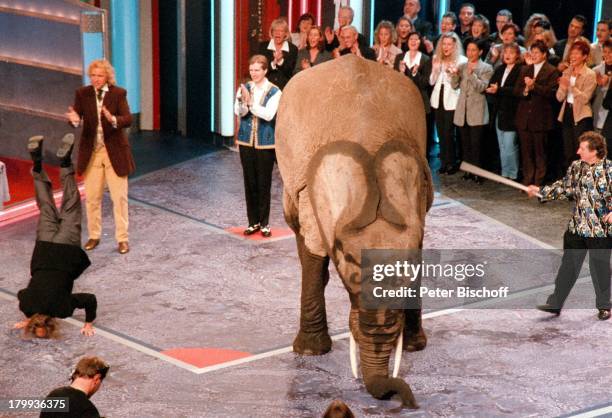 Otto Waalkes und Thomas Gottschalk mit;Elefant, "Wetten daß; ?"- ZDF- Show,;Sporthalle, Linz/; sterreich, Kopfstand,;Zirkusdirektor, Domteur,