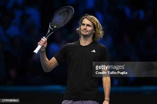 Alexander Zverev of Germany celebrates after defeating Andrey Rublev in the Men's Singles Round Robin match on day six of the Nitto ATP Finals at...