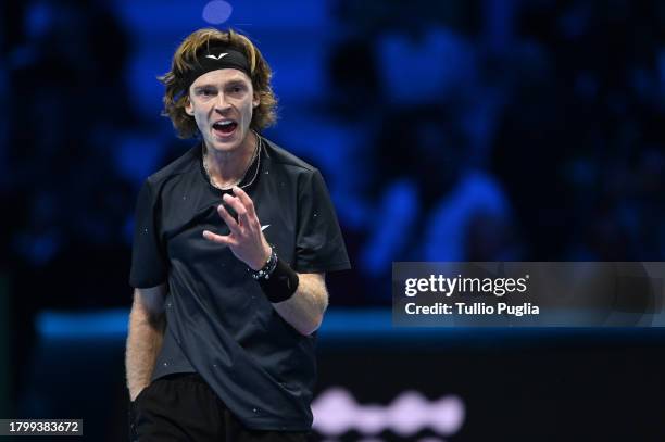 Andrey Rublev reacts after being defeated by Alexander Zverev of Germany in the Men's Singles Round Robin match on day six of the Nitto ATP Finals at...