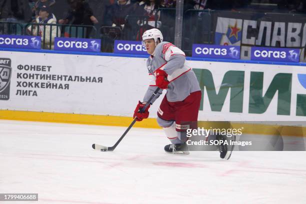Spartak Hockey Club player, Joey Keane seen in action during the Kontinental Hockey League, regular season KHL 2023 - 2024 between SKA Saint...
