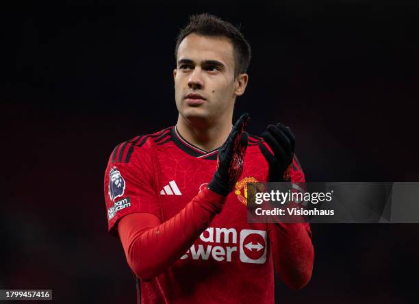 Sergio Reguilon of Manchester United applauds the fans after the Premier League match between Manchester United and Luton Town at Old Trafford on...