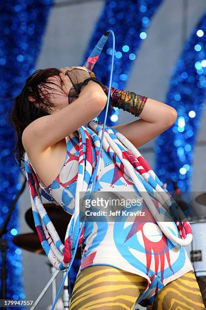 Singer Karen O of Yeah Yeah Yeahs performs on stage during Bonnaroo 2009 on June 12, 2009 in Manchester, Tennessee.