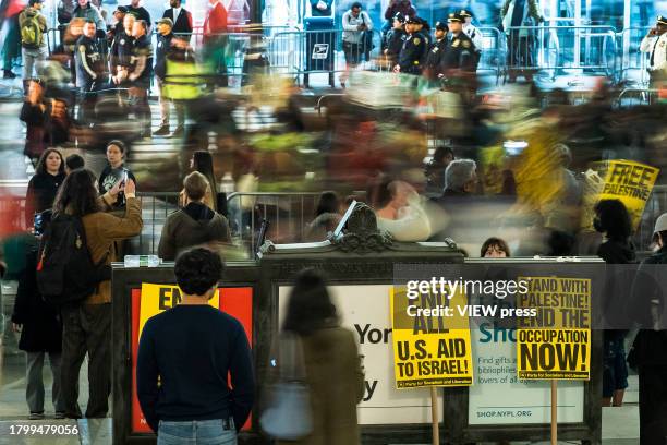 Pro-Palestinian activists protest outside the New York Public Library for a cease-fire in Gaza, on November 17, 2023 in New York City. Demonstrators...