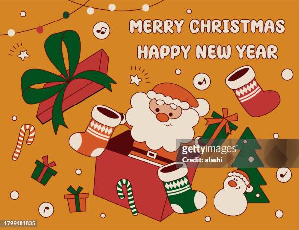 cute santa claus popping out of a big gift box gives christmas presents and christmas stockings and wishes you a merry christmas and a happy new year with a snowman - big xmas stocking stock illustrations