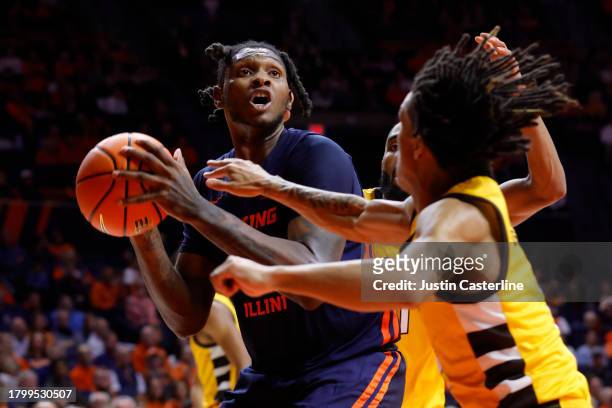 Dain Dainja of the Illinois Fighting Illini makes a move in the game against the Valparaiso Crusaders during the first half at State Farm Center on...