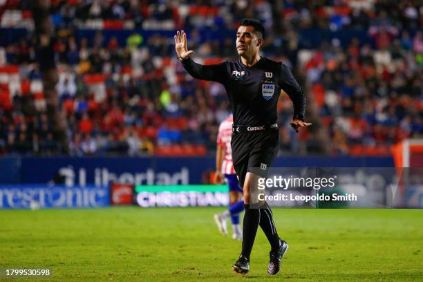 Adonai Escobedo referee of the match during the Play-in match between Atletico San Luis and Leon as part of the Torneo Apertura 2023 Liga MX at...
