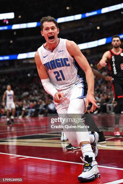 Moritz Wagner of the Orlando Magic reacts in the first half of an NBA In-Season Tournament game against the Chicago Bulls at the United Center on...