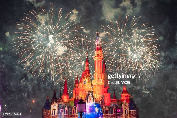 Fireworks explode over the Enchanted Storybook Castle during the "Wish" premiere at Shanghai Disney Resort on November 17, 2023 in Shanghai, China.