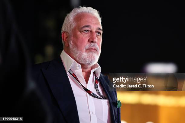 Owner of Aston Martin F1 Team, Lawrence Stroll walks in the Paddock prior to final practice ahead of the F1 Grand Prix of Las Vegas at Las Vegas...