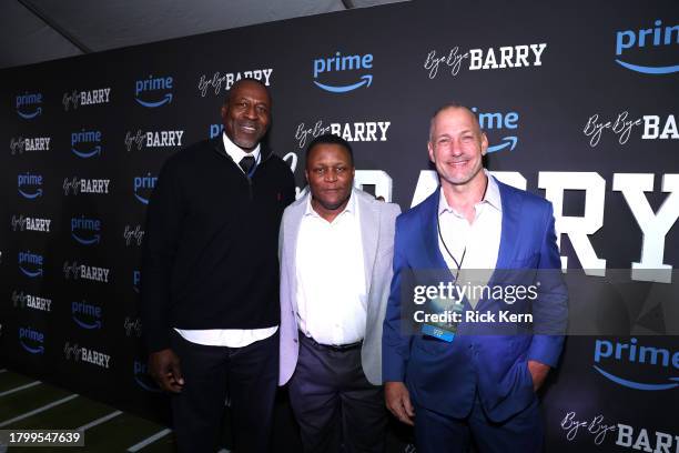 Lomas Brown, Barry Sanders, and Chris Spielman attend "Bye Bye Barry" World Premiere at Fox Theatre on November 17, 2023 in Detroit, Michigan.