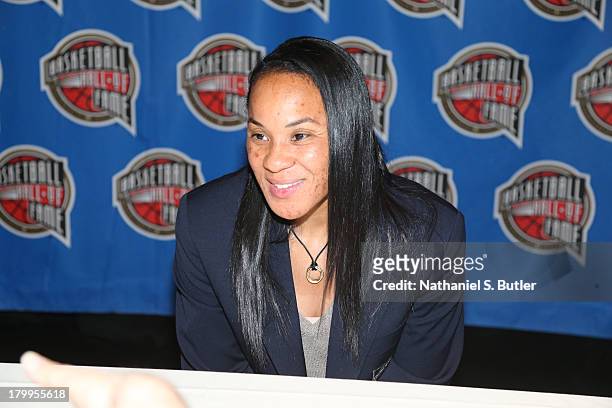 Inductee Dawn Staley speaks to the media during the Class of 2013 Press Event as part of the 2013 Basketball Hall of Fame Enshrinement Ceremony on...