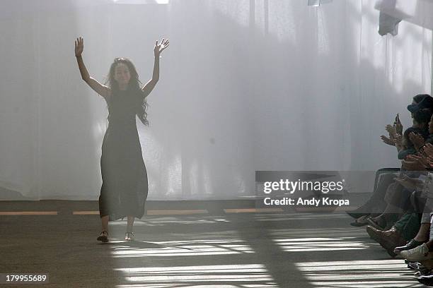 Fashion designer Jen Kao walks the runway at the Jen Kao fashion show during Mercedes-Benz Fashion Week Spring 2014 at Skylight at Moynihan Station...