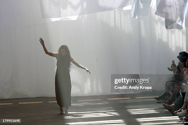 Fashion designer Jen Kao walks the runway at the Jen Kao fashion show during Mercedes-Benz Fashion Week Spring 2014 at Skylight at Moynihan Station...