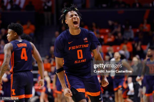 Terrence Shannon Jr. #0 of the Illinois Fighting Illini reacts after a play in the game against the Valparaiso Crusaders during the second half at...