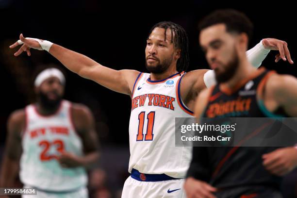 Jalen Brunson of the New York Knicks celebrates after scoring against the Washington Wizards in the second half during an NBA In-Season Tournament...