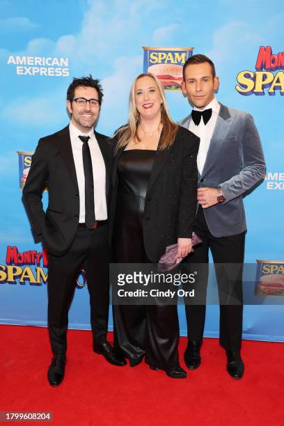 Cory Pattak, Jen Caprio and Paul Tate dePoo III attend "Spamalot" Opening Night at St. James Theatre on November 16, 2023 in New York City.