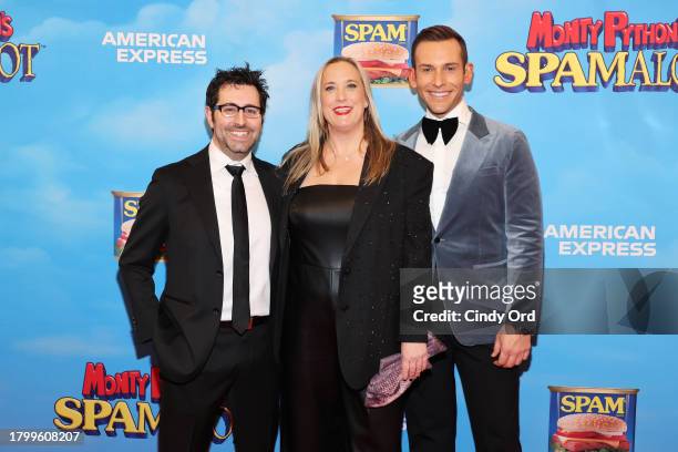 Cory Pattak, Jen Caprio and Paul Tate dePoo III attend "Spamalot" Opening Night at St. James Theatre on November 16, 2023 in New York City.