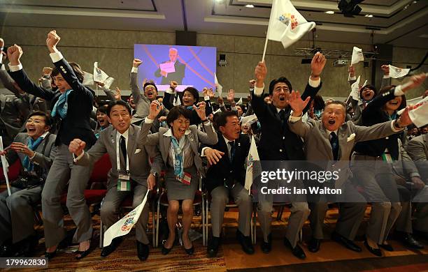 Prime Minister of Japan Shinzo Abe celebrates with the delegation as Tokyo is awarded the 2020 Summer Olympic Gamesduring the 125th IOC Session -...