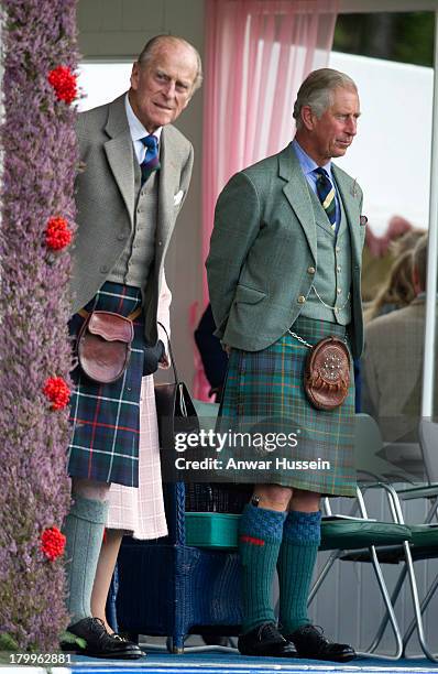 Prince Charles, Prince of Wales and Prince Philip, Duke of Edinburgh attend the Braemar Highland Games at The Princess Royal and Duke of Fife...