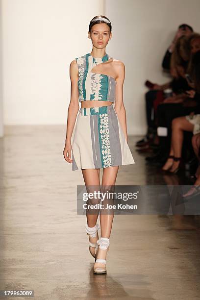 Model walks the runway at the Louise Goldin fashion show during MADE Fashion Week Spring 2014 at Milk Studios on September 7, 2013 in New York City.