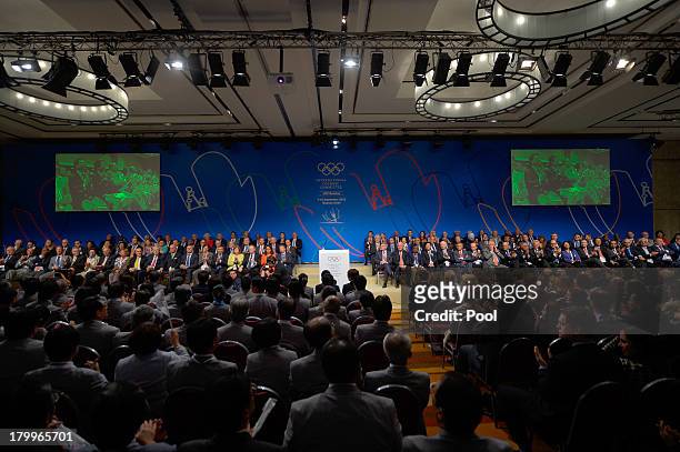 International Olympic Committee members take their seats for the annoucement ceremony of the city elected to host the 2020 Summer Olympics at a...