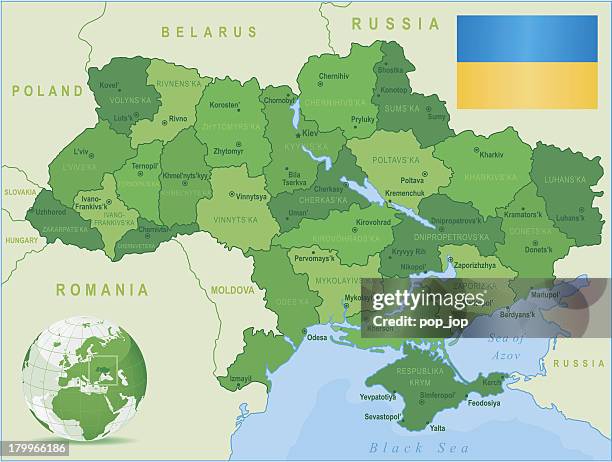 stockillustraties, clipart, cartoons en iconen met green map of ukraine - states, cities and flag - rusland kaart