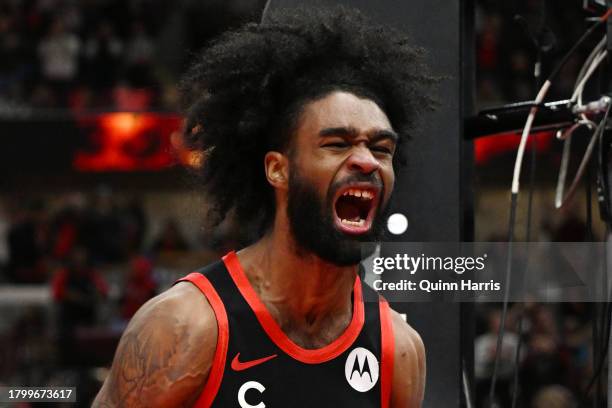 Coby White of the Chicago Bulls reacts after scoring in the second half of an NBA In-Season Tournament against the Orlando Magic at the United Center...