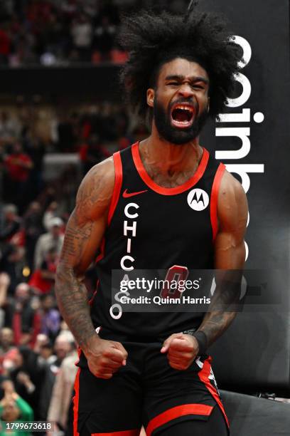 Coby White of the Chicago Bulls reacts after scoring in the second half of an NBA In-Season Tournament against the Orlando Magic at the United Center...