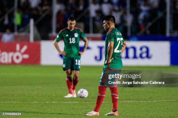 Jesus Gallardo of Mexico looks on during the CONCACAF Nations League quarterfinals first leg match between Honduras and Mexico at Estadio Nacional on...