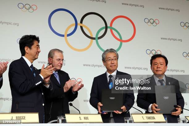 President of the IOC Jacques Rogge , Prime Minister of Japan Shinzo Abe , President of the Tokyo 2020 Committee Tsunekazu Takeda and Governor of...