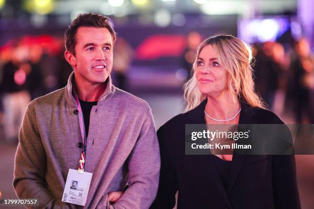 Rob McElhenney and Kaitlin Olson walking the paddock during qualifying ahead of the F1 Grand Prix of Las Vegas at Las Vegas Strip Circuit on November...