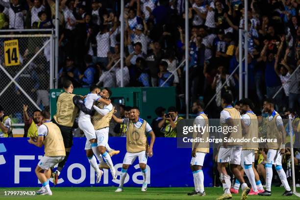 Bryan Róchez of Honduras celebrates with teammates after scoring the team's second goal during the CONCACAF Nations League quarterfinals first leg...