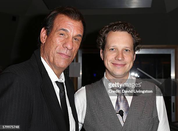 Actor/singer Robert Davi and composer Chris Walden attend a recording session for Robert Davi's single "New York City Christmas" at Capitol Records...