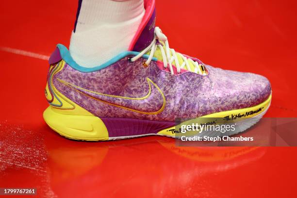 The shoes of LeBron James of the Los Angeles Lakers are seen during warmups before the game against the Portland Trail Blazers at Moda Center on...