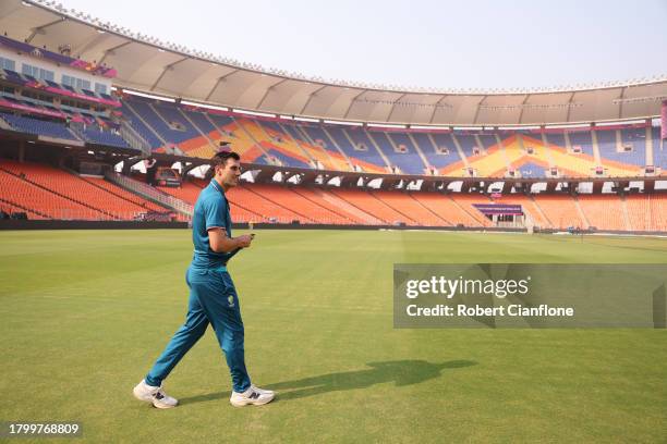 Pat Cummins of Australia arrives prior to an Australian press conference ahead of the the ICC Men's Cricket World Cup Final 2023 at Narendra Modi...