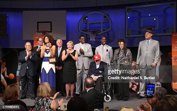 The 2013 Hall of Fame class at the Bunn-Gowdy Awards Dinner as part of the 2013 Basketball Hall of Fame Enshrinement Ceremony on September 7, 2013 at...